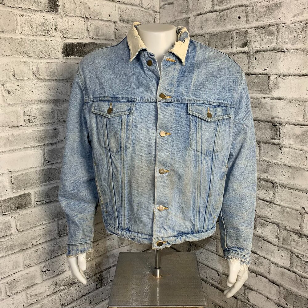 Vintage Trucker Jean Jacket Mens Blue Sherpa Lined Faded Distressed Denim Coat